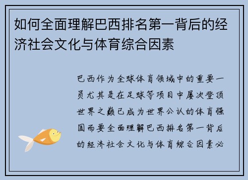 如何全面理解巴西排名第一背后的经济社会文化与体育综合因素 如何全面理解巴西排名第一背后的经济社会文化与体育综合因素